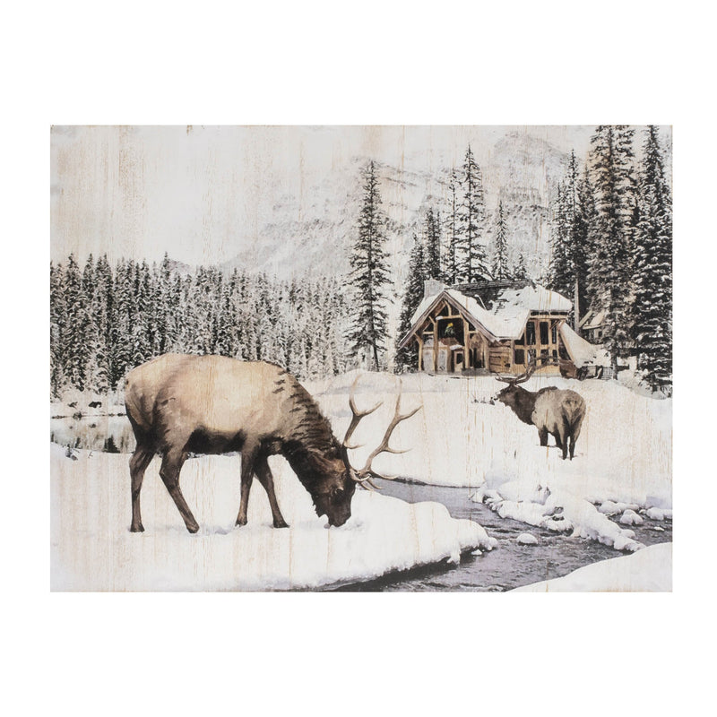 Melrose Wooden Winter Reindeer and Lodge Plaque 17.5"H