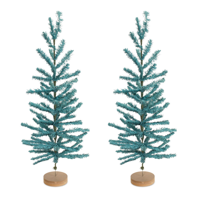 Melrose Turquoise Pine Tree with Wood Base (Set of 2)