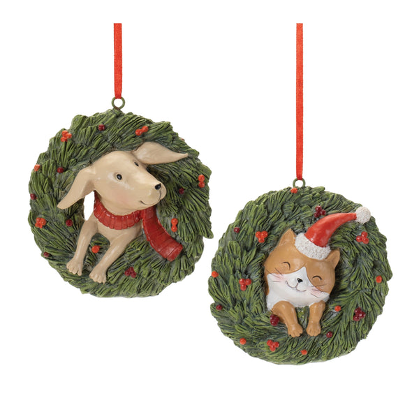 Melrose Playful Cat and Dog in Pine Wreath Ornament (Set of 4)