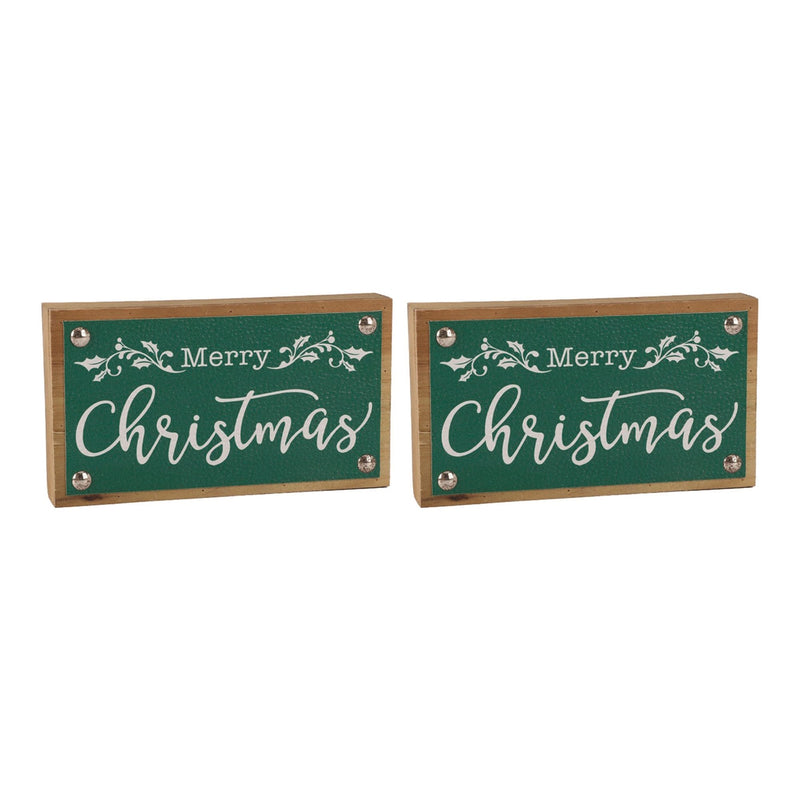 Melrose Merry Christmas Sign with Faux Leather Accent (Set of 2)