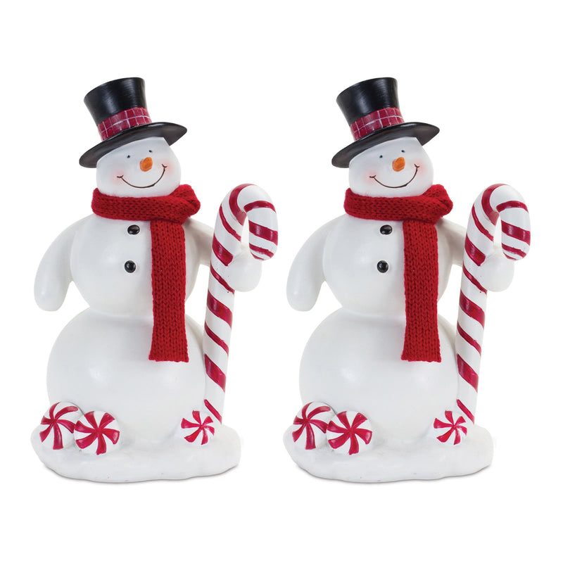 Melrose Peppermint Snowman with Candy Cane Figurine (Set of 2)