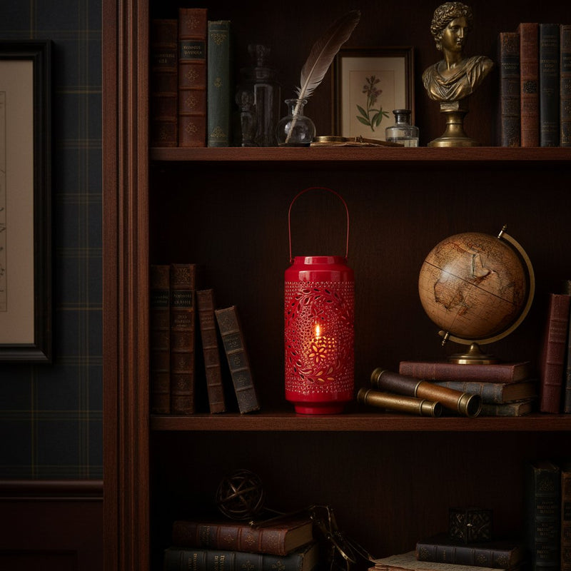 Melrose Punched Metal Candle Lantern 15.5"H Industrial Red