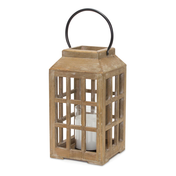 Melrose Natural Wooden Lantern with Glass Hurricane Brown  Black