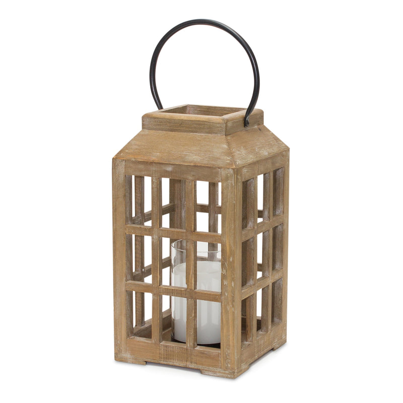 Melrose Natural Wooden Lantern with Glass Hurricane Brown  Black