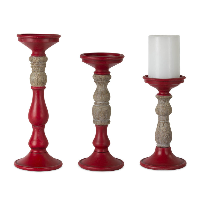 Melrose Red Candle Holder with Wood Accent (Set of 3)