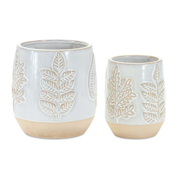 Melrose Two Tone Porcelain Planter with Leaf Design Set of 2 Planter, Two Tone