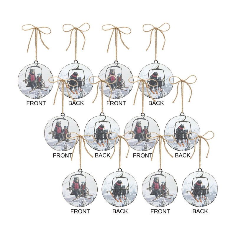 Black Bears on Ski Lift Disc Ornament with Jute Hanger (Set of 12)