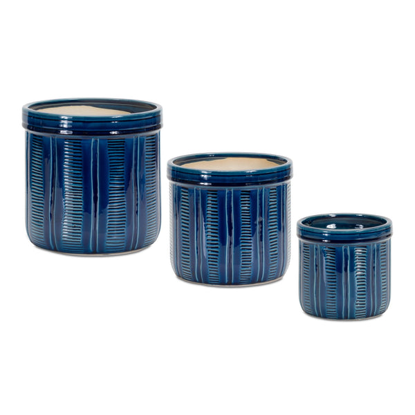 Melrose Blue Etched Terra Cotta Pot Planter Set of 3 Planter