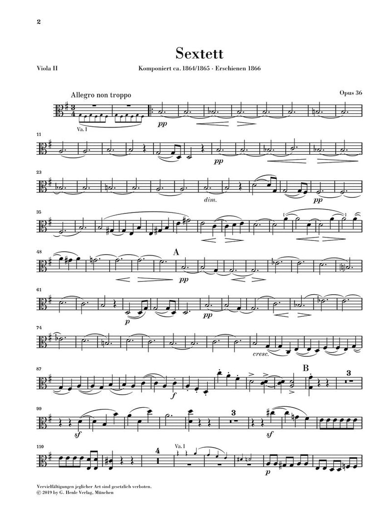 Brahms String Sextet No. 2 in G Major, Op. 36 Sheet Music – Parts