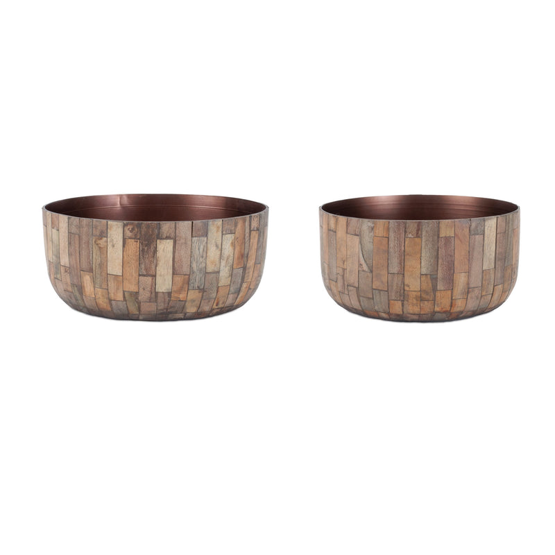 Melrose Round Wooden Bowl Planter Set of 2 Planter