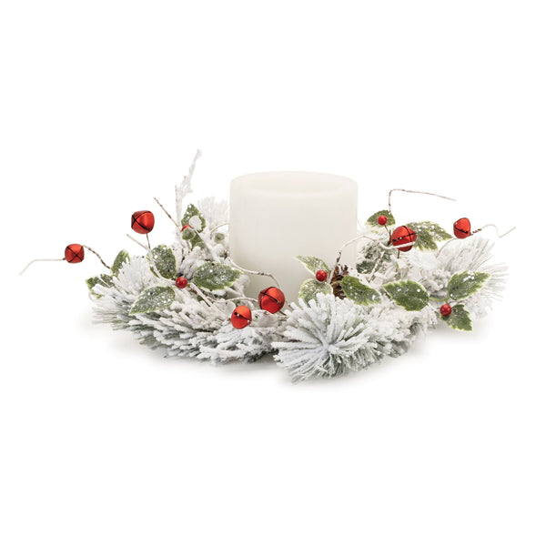 Melrose Flocked Pine Holly Sleigh Bell Candle Ring 18"D