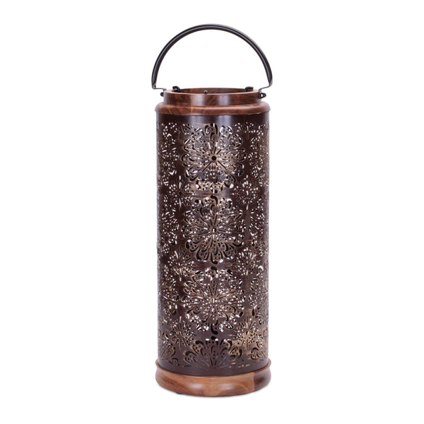 Melrose Punched Metal Lantern with Natural Wood Accents 19"H Farmhouse Brown