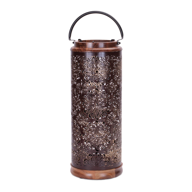 Melrose Punched Metal Lantern with Natural Wood Accents 19"H Farmhouse Brown