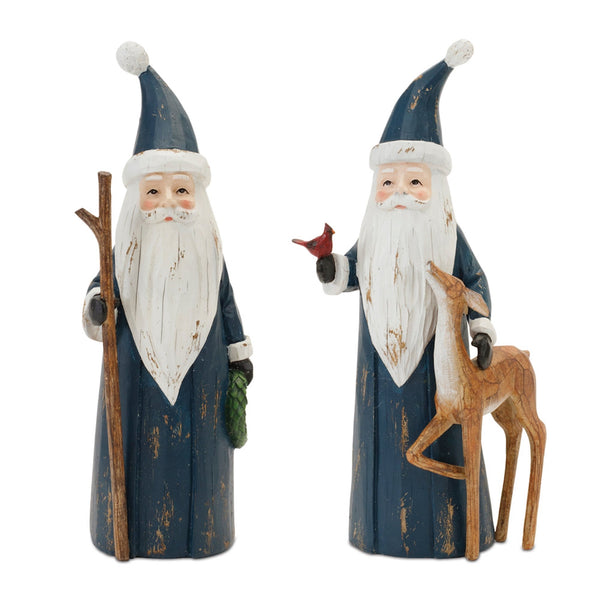 Melrose Carved Woodland Santa with Deer Figurine (Set of 2)