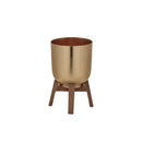 Melrose Round Metal Planter with Wooden Stand Set of 2 Planter