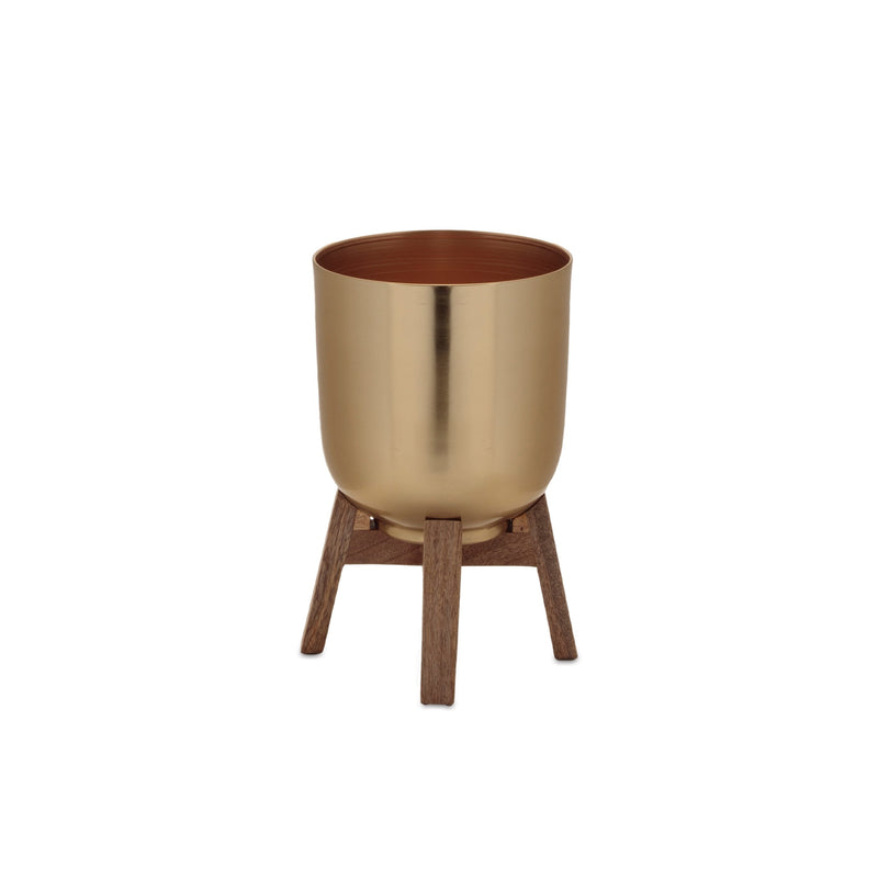 Melrose Round Metal Planter with Wooden Stand Set of 2 Planter