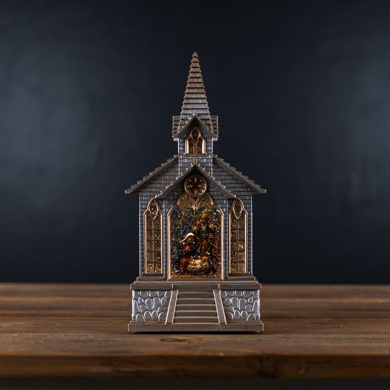 Melrose LED Snow Globe Church with Nativity 8.25"H