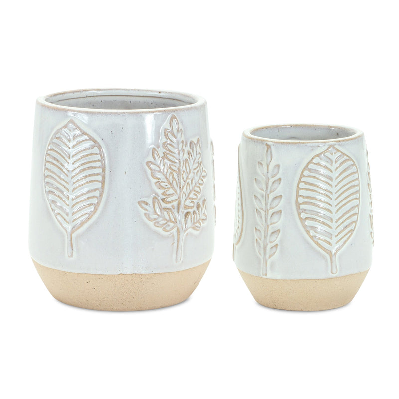 Melrose Two Tone Porcelain Planter with Leaf Design Set of 2 Planter, Two Tone