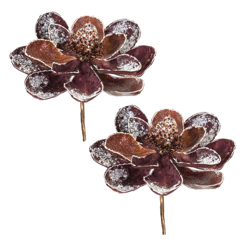 Melrose Glittered Magnolia Flower Stem (Set of 2)