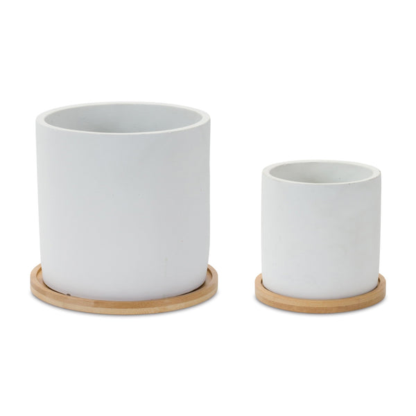Melrose White Stone Planter with Wood Plate Set of 2 Planter