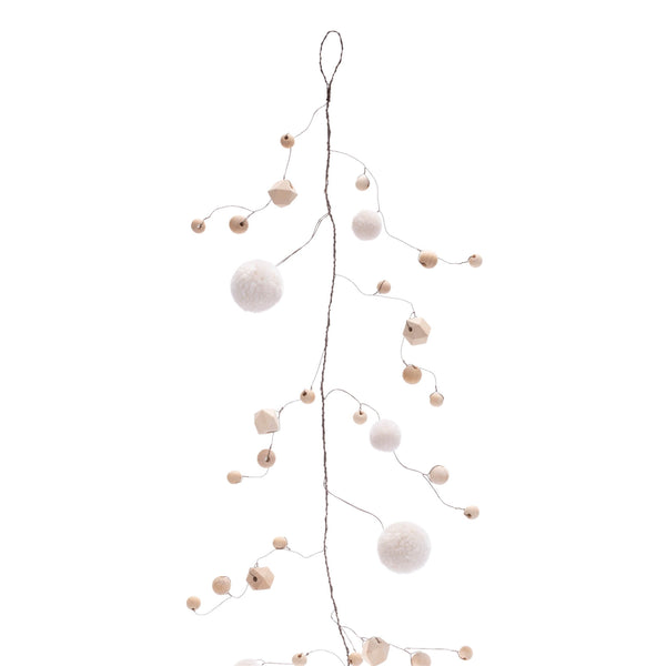 Melrose Wood Bead and Puff Ball Garland (Set of 2)