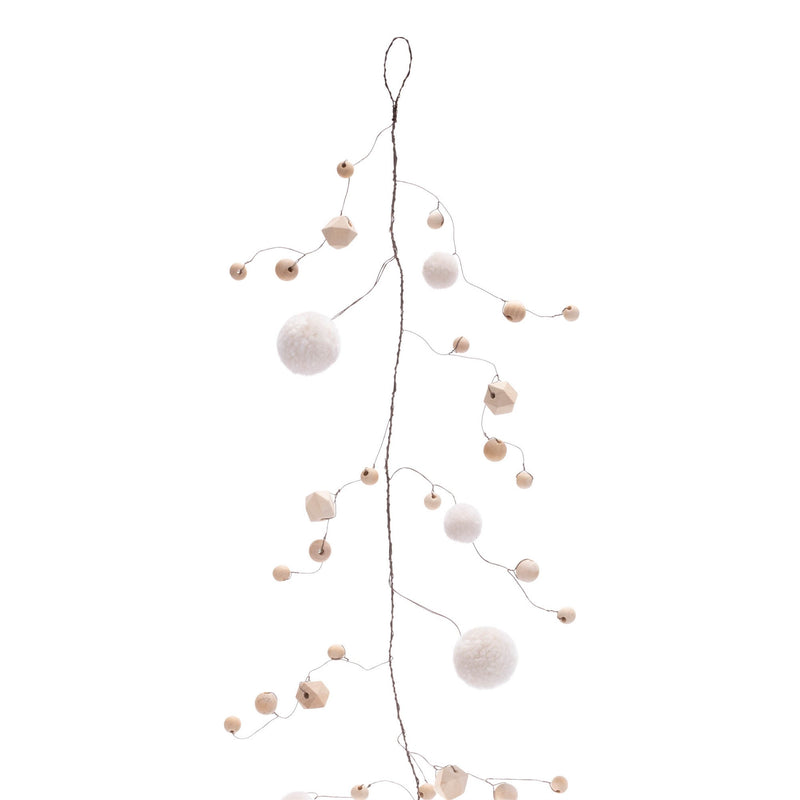 Melrose Wood Bead and Puff Ball Garland (Set of 2)