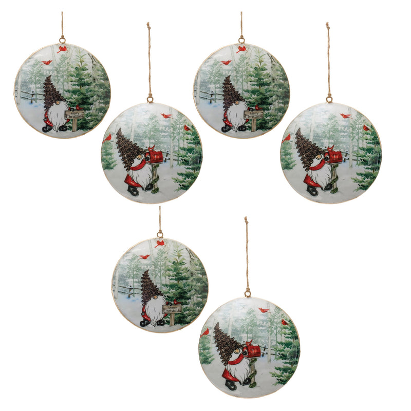 Melrose Metal Gnome Cardinal Forest Disc Ornament (Set of 6)