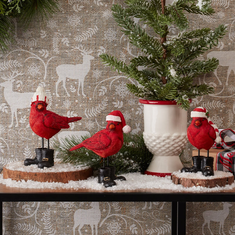 Melrose Winter Cardinal Bird Figurine with Santa Boots and Hat (Set of 3)