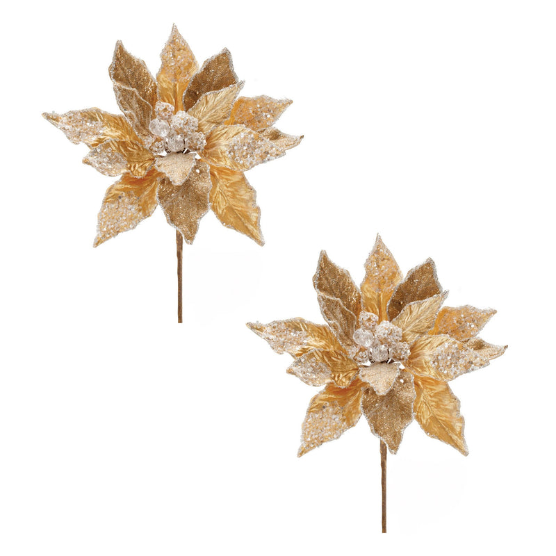 Melrose Beaded Gold Poinsettia Flower Stem (Set of 2)