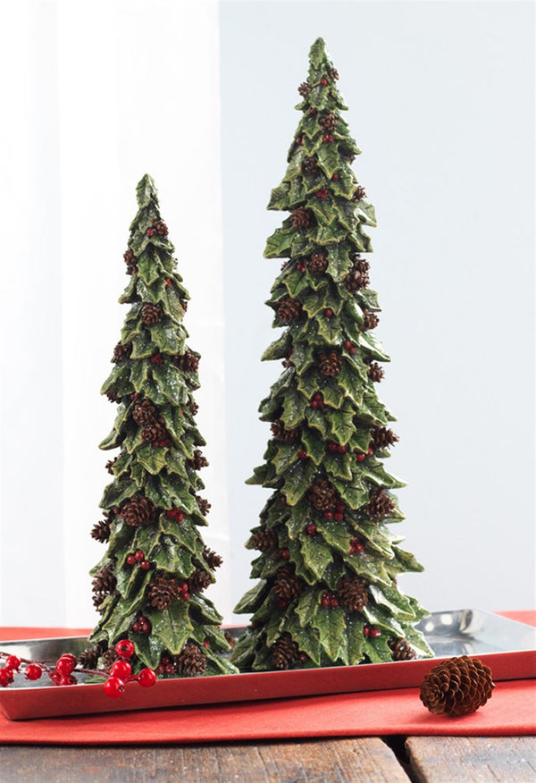 Melrose Holly Leaf Holiday Trees with Pinecone Accents (Set of 2)