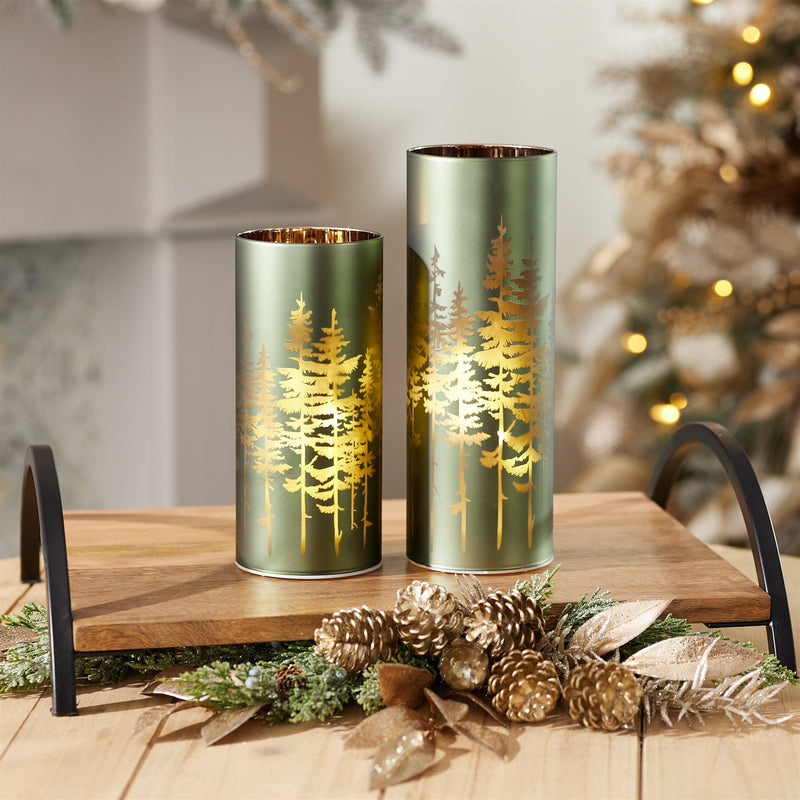 Melrose Frosted Pine Trees Glass Candle Holder (Set of 2)