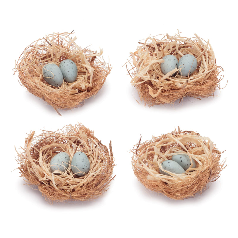 Melrose Twig Bird Nest with Eggs and Raffia (Set of 8)