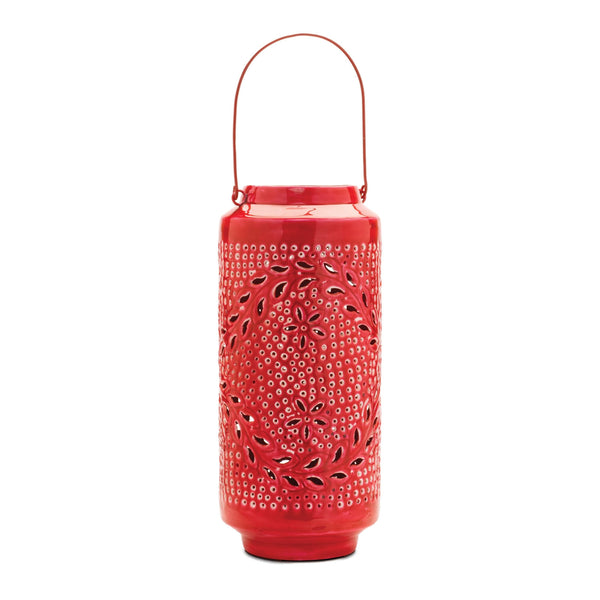 Melrose Punched Metal Candle Lantern 15.5"H Industrial Red