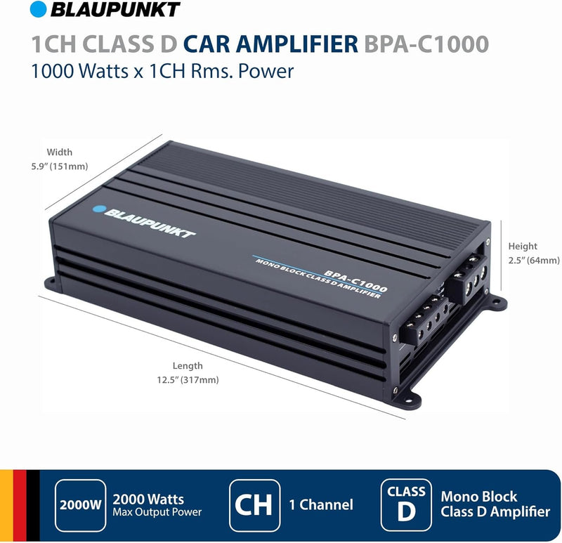 Blaupunkt BPA‑C1000 C‑Series 1000 W RMS Mono Block Class D Car Amplifier