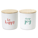Melrose Stoneware Happy Sentiment Canister with Wood Lid (Set of 2) Multicolor