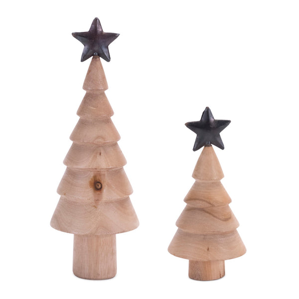 Melrose Natural Wood Tree with Metal Star (Set of 2)