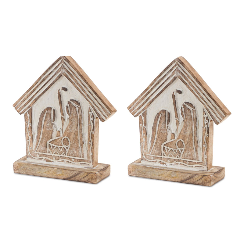 Melrose Wood Carved Nativity Barn (Set of 2)