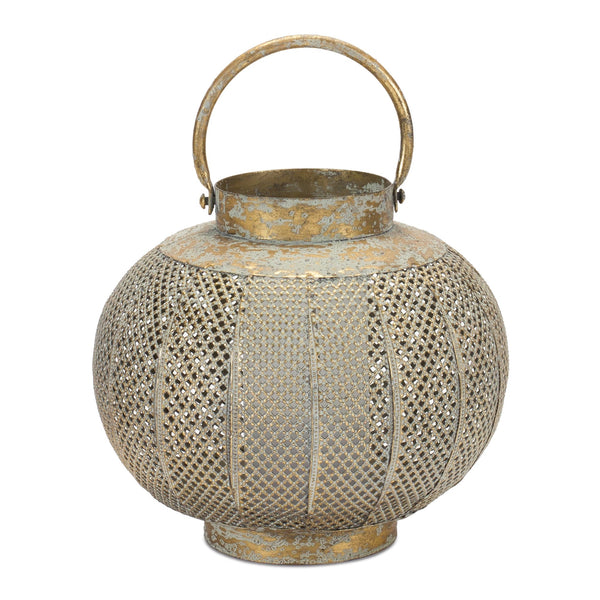 Melrose Distressed Punched Metal Lantern 8.5"D Rustic Copper  Green Decorative