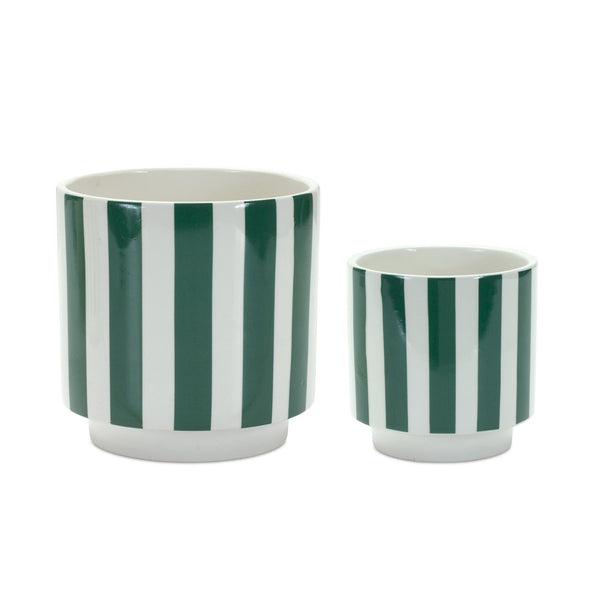 Melrose Green and White Striped Planter Set of 2 Planter, Dolomite