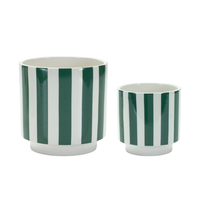 Melrose Green and White Striped Planter Set of 2 Planter, Dolomite