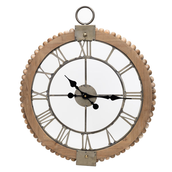 Melrose 30” Beaded Wood & Metal Wall Clock, Rustic, Farmhouse, Battery Operated