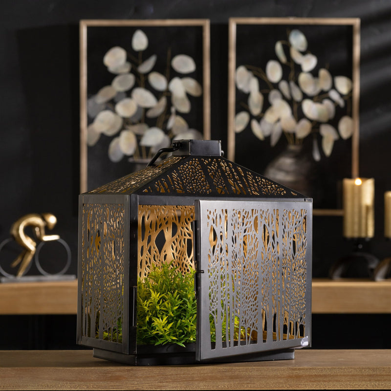 Melrose Forest Cut Metal Lantern with Gold Accent 12"H Rustic Black  Gold
