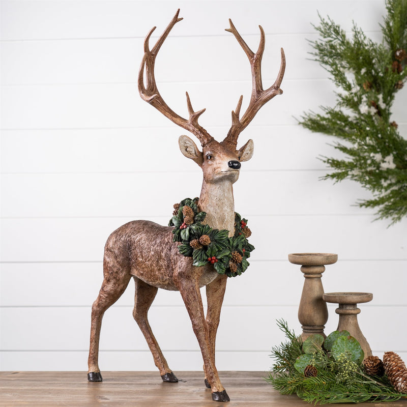 Melrose Holiday Standing Deer Figurine with Wreath Accent (Set of 2)