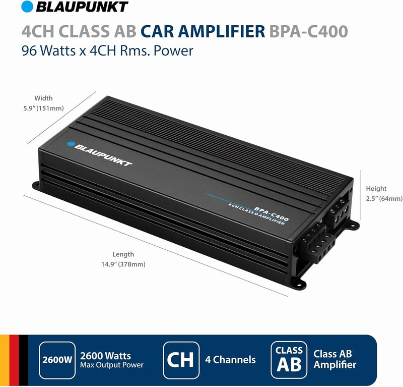 Blaupunkt BPA‑C400 4‑Channel Class AB Car Amplifier 136 W × 4 RMS 2 Ohm