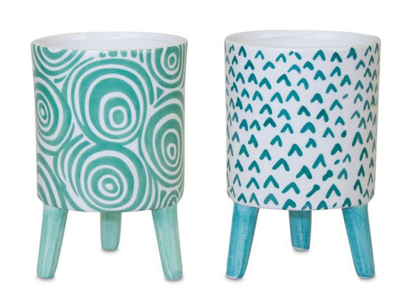 Melrose Blue Patterned Pot with Legs Set of 2 Planter, Dolomite