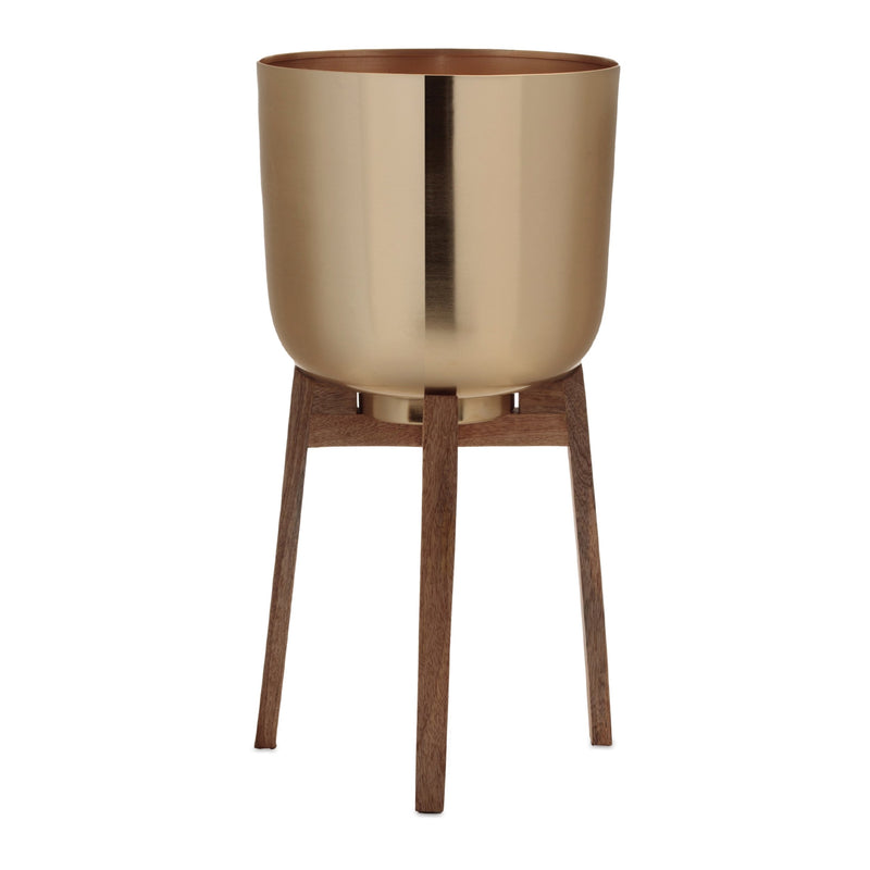 Melrose Round Metal Planter with Wooden Stand Set of 2 Planter