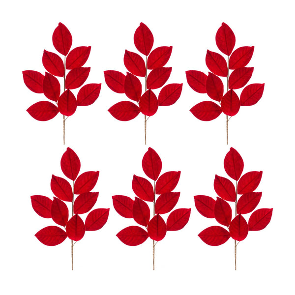 Melrose Red Flocked Magnolia Leaf Spray (Set of 6)
