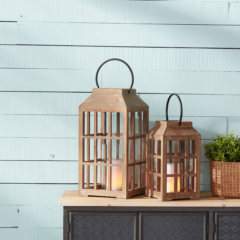 Melrose Natural Wooden Lantern with Glass Hurricane Brown  Black