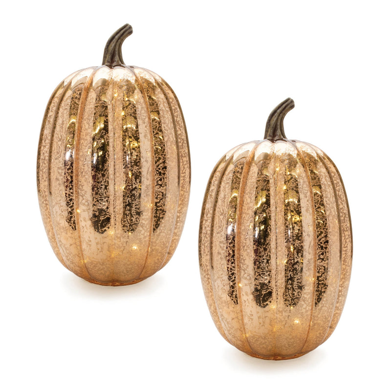 Melrose LED Mercury Glass Pumpkin Decor (Set of 2) Orange Farmhouse Glass LED Fa