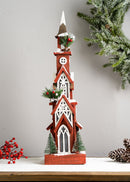 Melrose Lighted Winter Church Display with Pine Accents and Snowy Finish 19"H